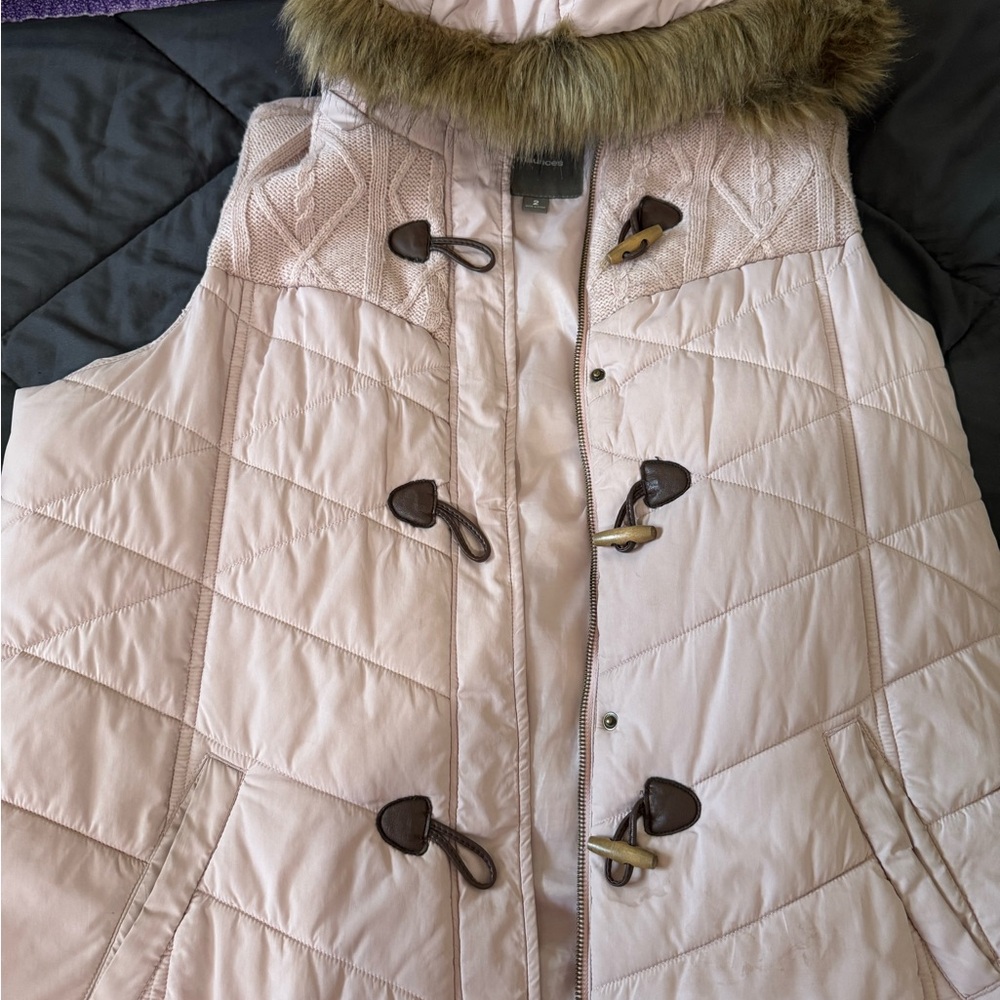Maurices Light Pink Quilted Vest with Faux Fur Hood
